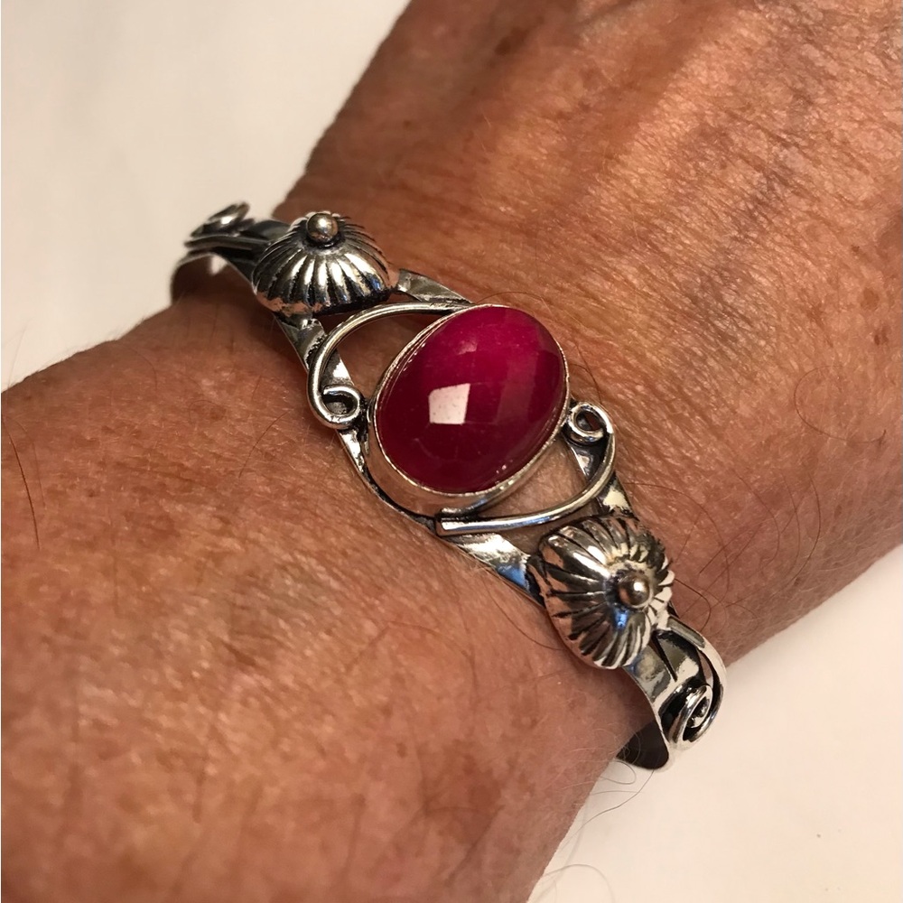 Garnet Stamped 925 Sterling Silver Cuff Bracelet